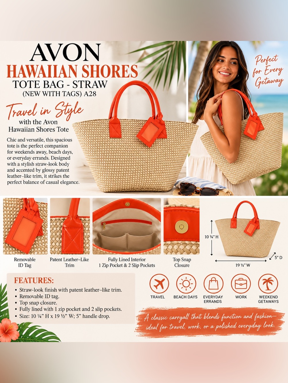 AVON HAWAIIAN SHORES TOTE BAG - STRAW (NEW WITH TAGS) A28